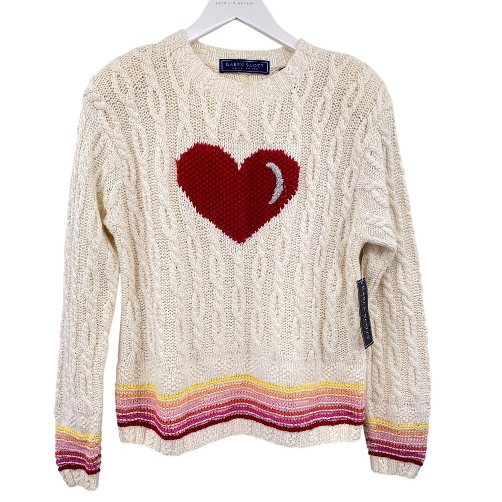 VTG Karen Scott cable knit heart sweater size medium NEW Hand knit preppy coquet
